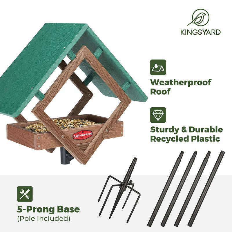 Kingsyard Adjustable Platform Bird Feeder for Outside, Recycled Plastic, Metal Mesh Tray Bird Feeder with Weatherproof Top, Fit Cardinals Bluebirds Goldfinches